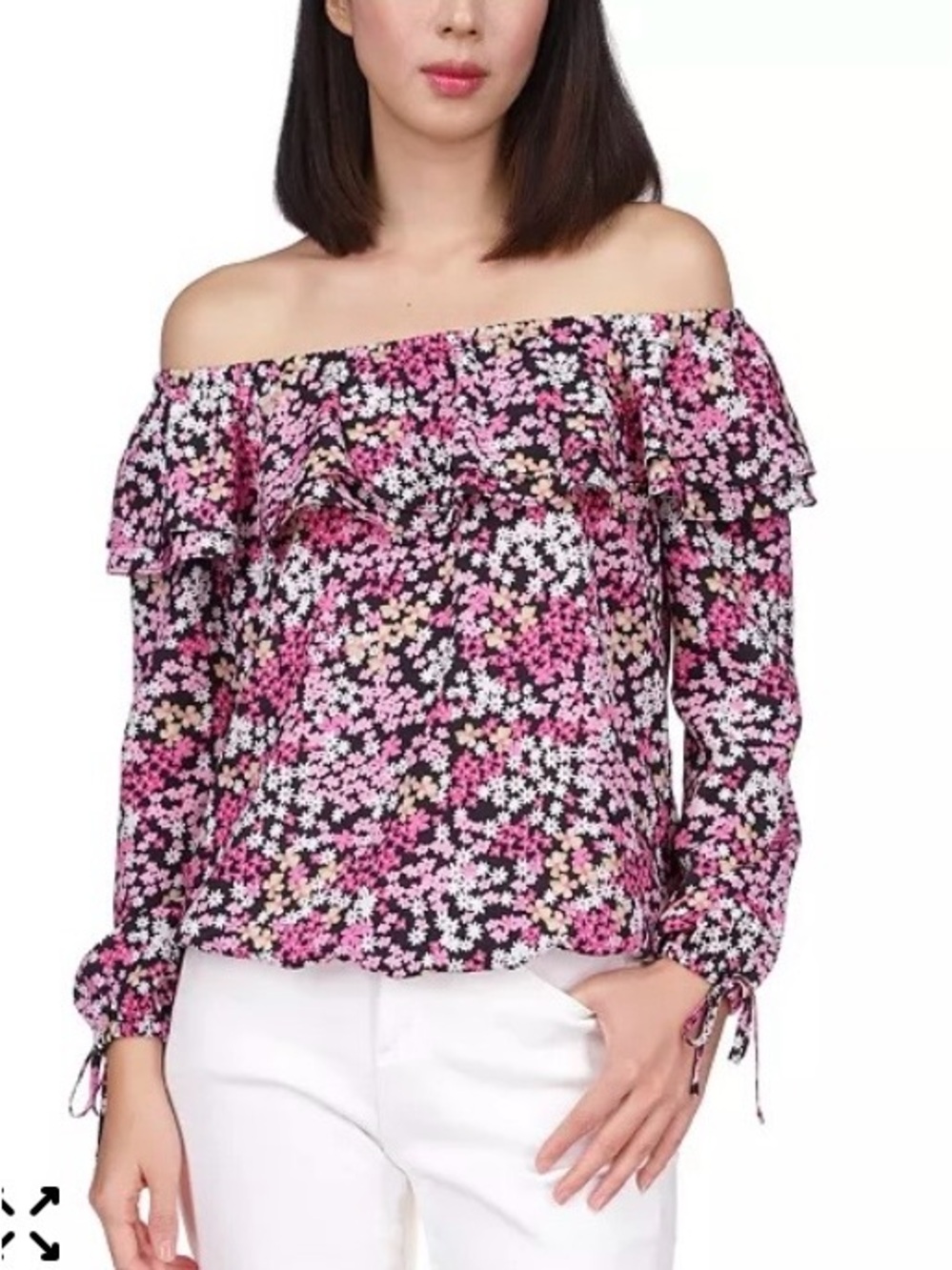Michael Kors Black Floral Top with Pink and White Blooms